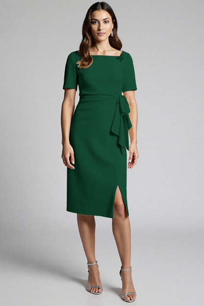 Champagne Ruffled Bodycon Midi Satin Work Dress with Slit