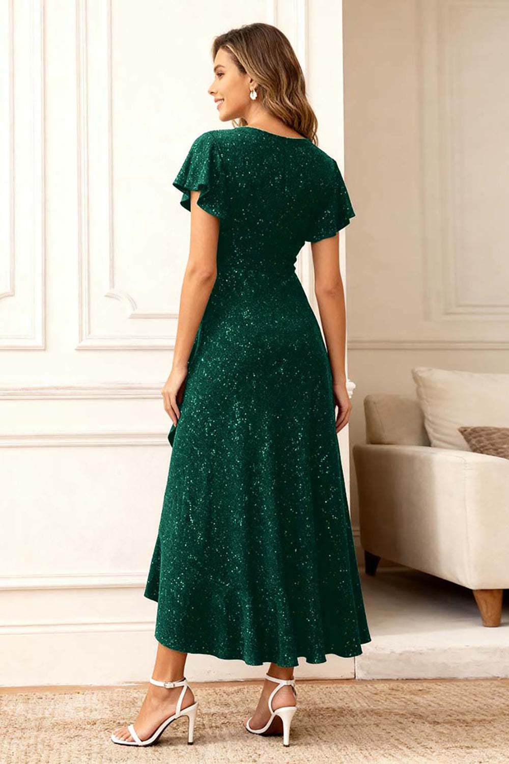 Glitter Black Round Neck Midi Holiday Party Dress with Sleeves