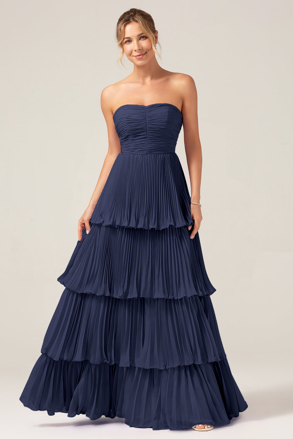 Sky Blue A Line Strapless Pleated Tiered Bridesmaid Dress