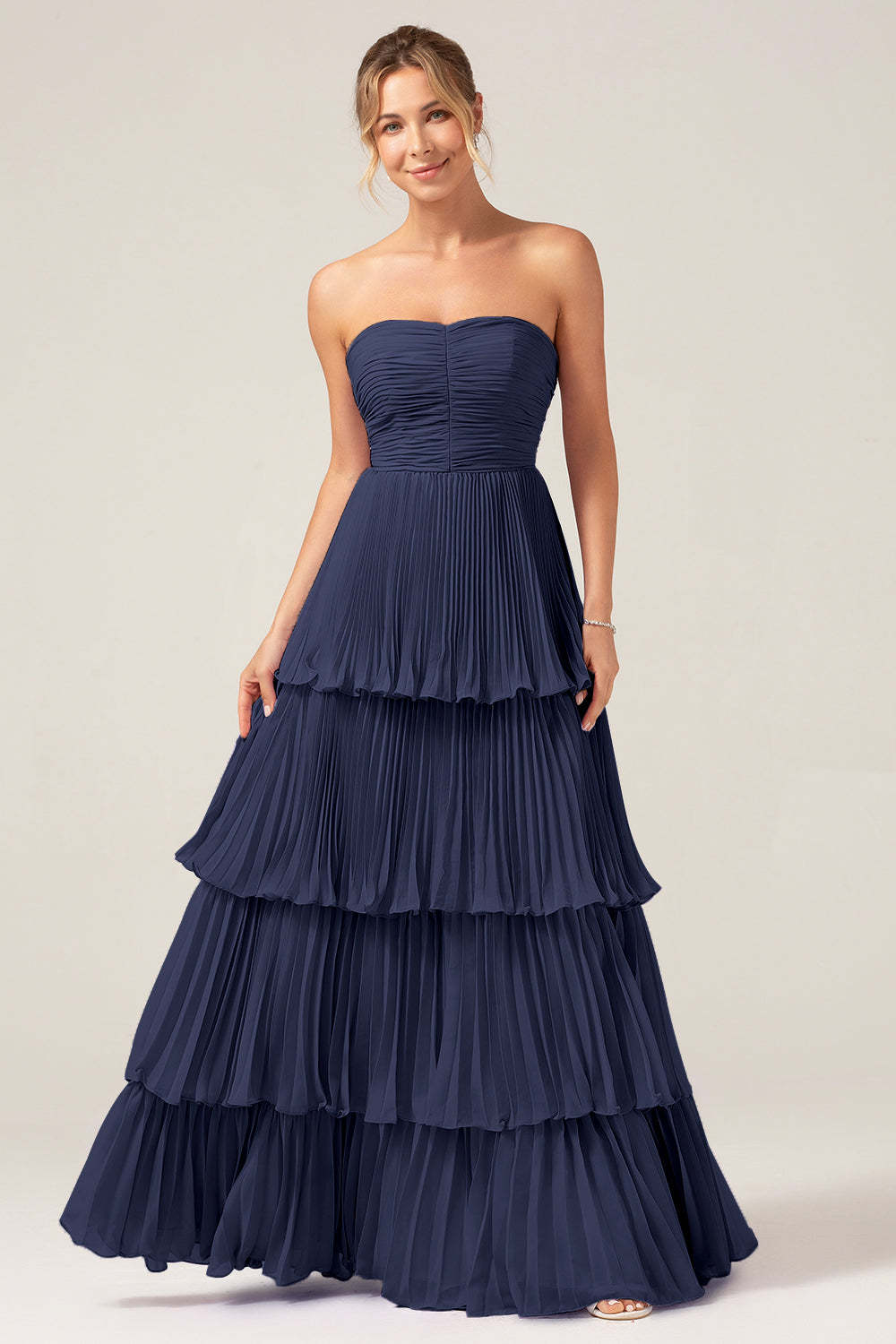 Sky Blue A Line Strapless Pleated Tiered Bridesmaid Dress