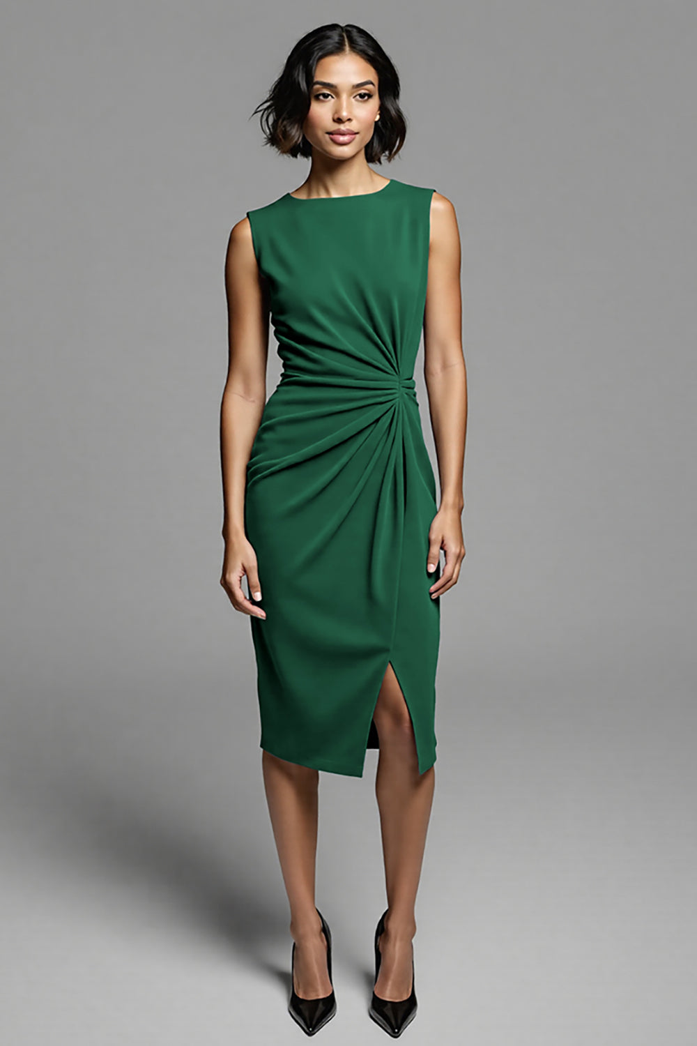 Grey Bodycon Ruched Satin Midi Work Dress with Slit