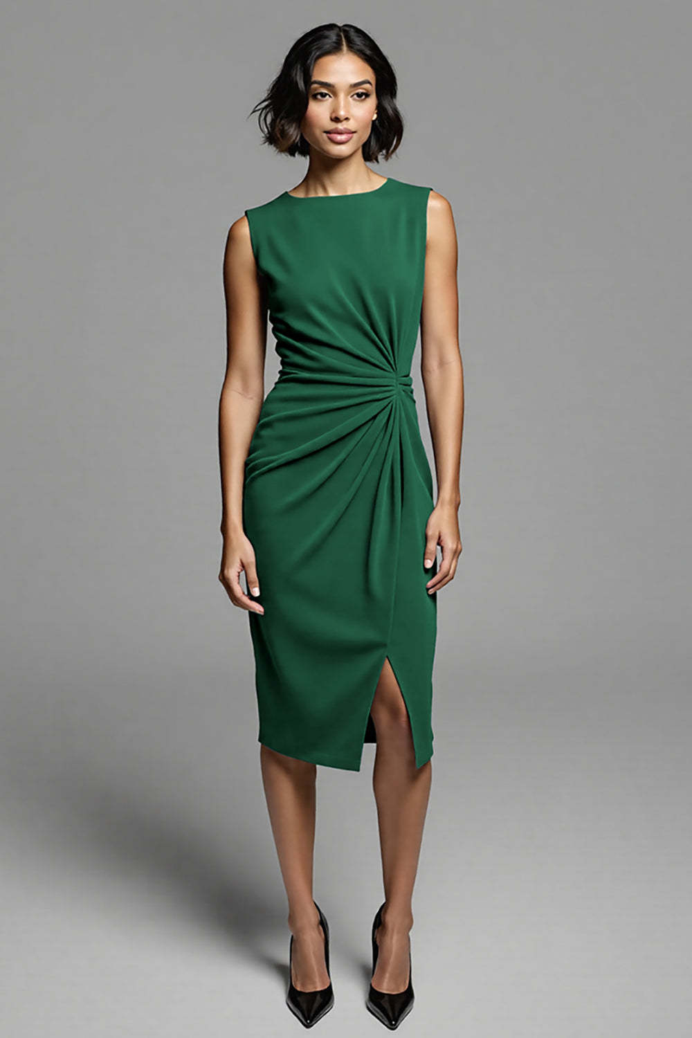 Grey Bodycon Ruched Satin Midi Work Dress with Slit