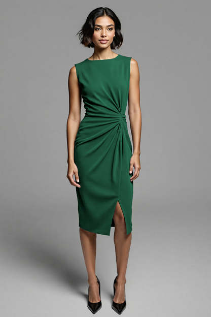 Grey Bodycon Ruched Satin Midi Work Dress with Slit