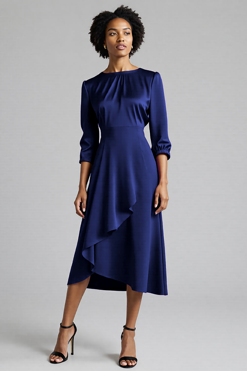 Leely Women Royal Blue Midi Satin A Line Work Dress Ruched Semi Formal Dress with Sleeves