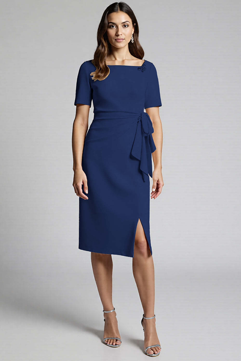 Champagne Ruffled Bodycon Midi Satin Work Dress with Slit