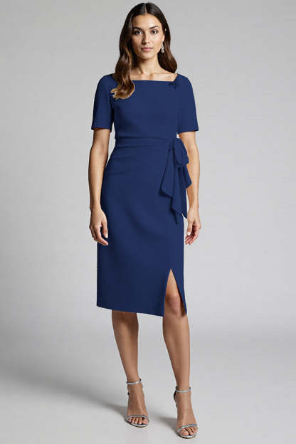 Champagne Ruffled Bodycon Midi Satin Work Dress with Slit