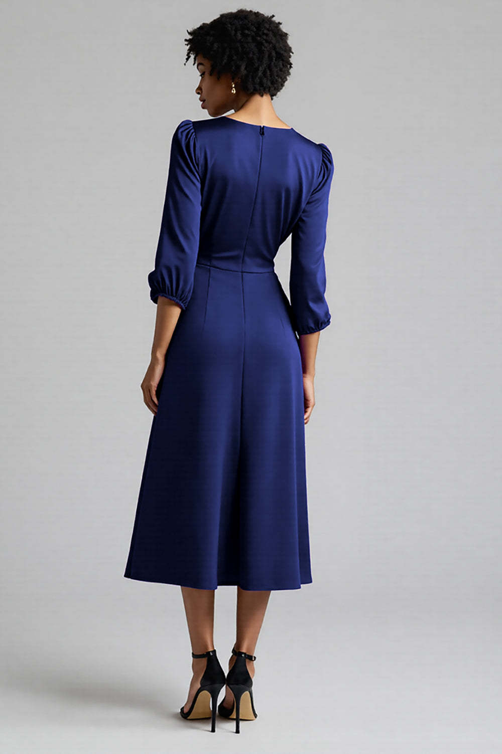 Plum Satin Ruched A Line Midi Work Dress with Sleeves