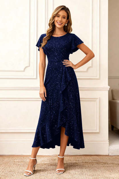 Leely Women Glitter Black Midi Holiday Party Dress with Sleeves Ruffled Round Neck Asymmetrical Wedding Guest Dress