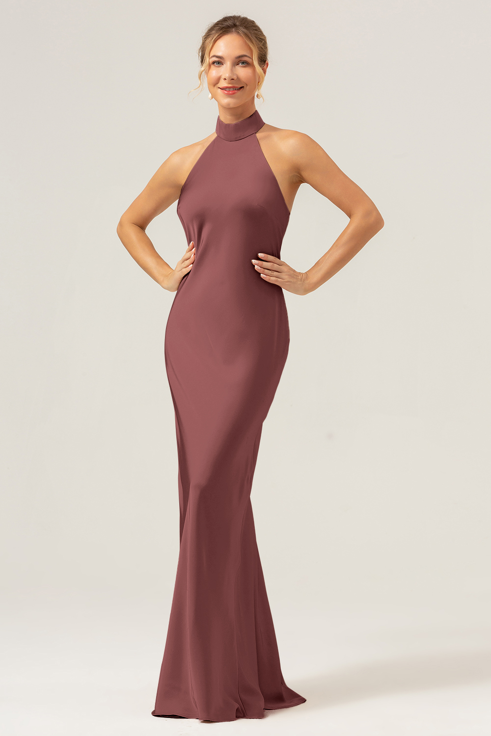 Champagne Halter Mermaid Satin Wedding Guest Dress with Back Slit