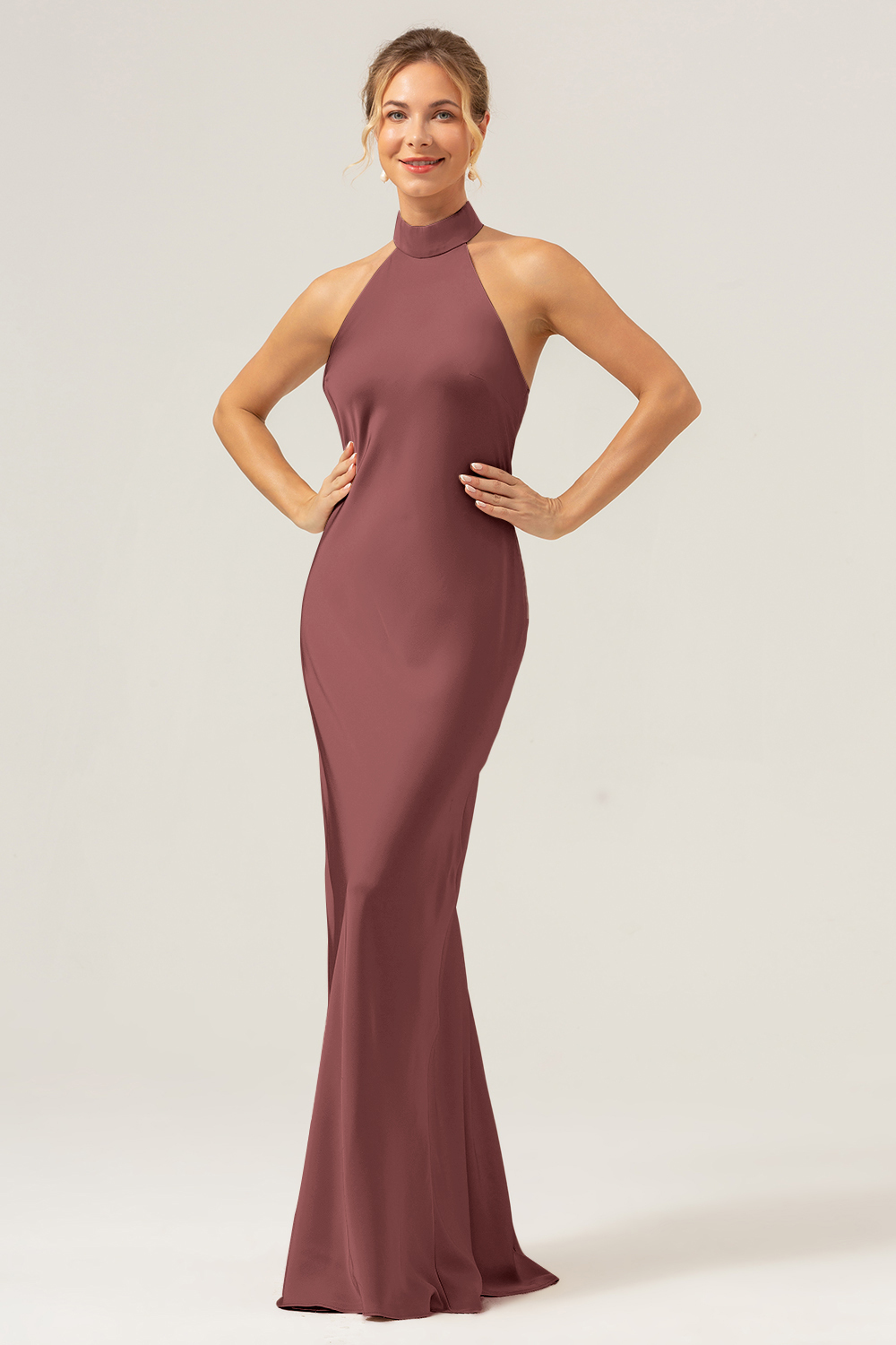 Champagne Halter Mermaid Satin Wedding Guest Dress with Back Slit
