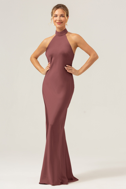 Champagne Halter Mermaid Satin Wedding Guest Dress with Back Slit