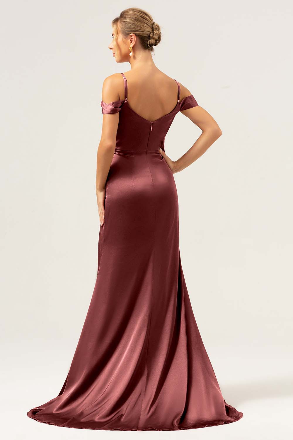 Coffee Cold Shoulder Satin Mermaid Wedding Party Dress with Slit