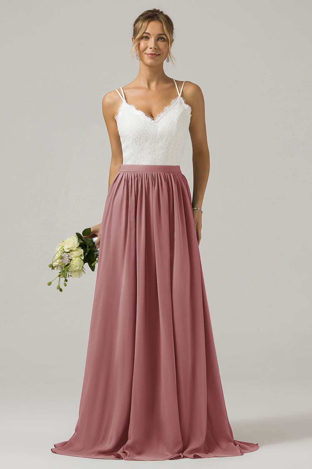 Eucalyptus A-Line Spaghetti Straps Pleated Long Bridesmaid Dress With Lace