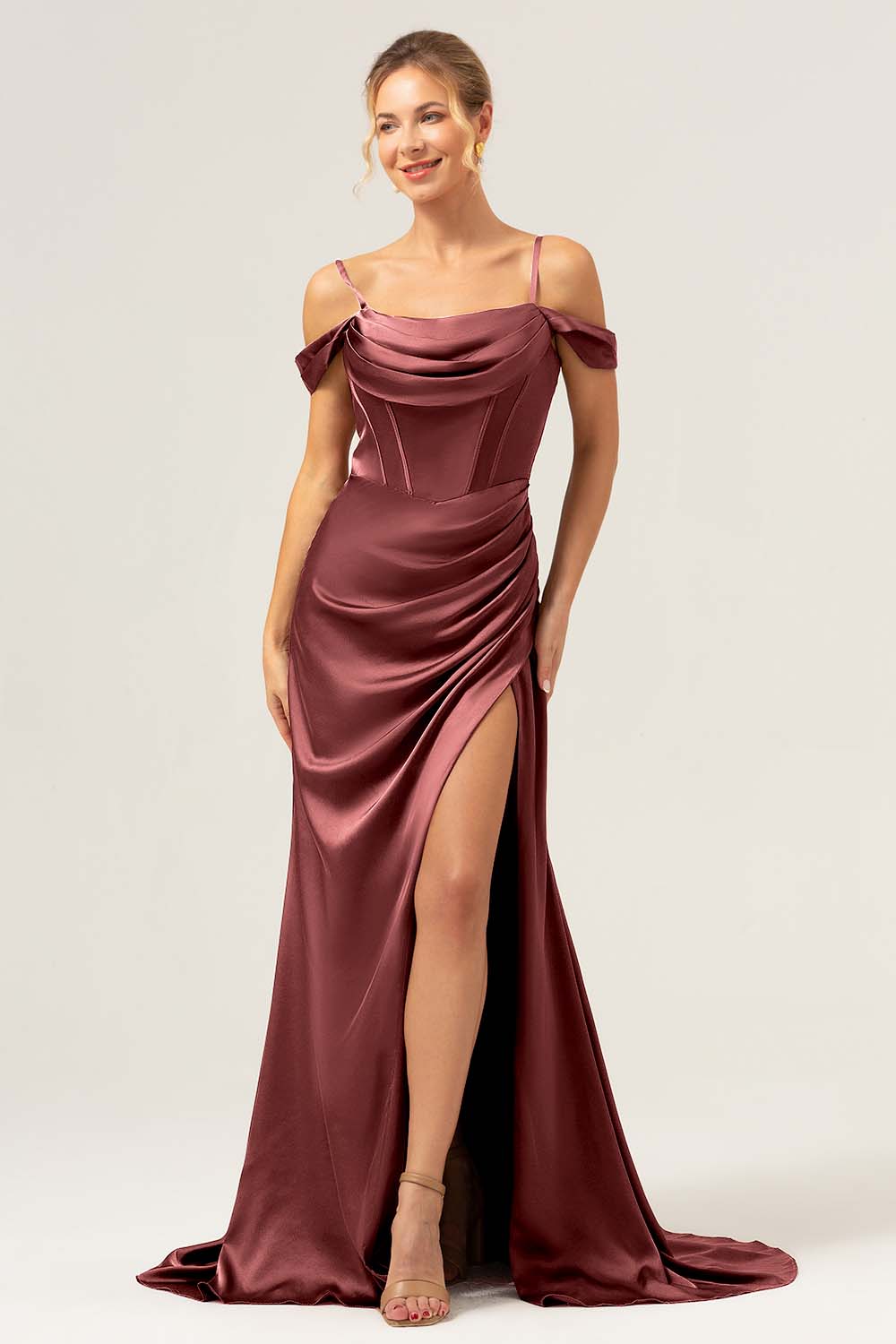 Coffee Cold Shoulder Satin Mermaid Wedding Party Dress with Slit