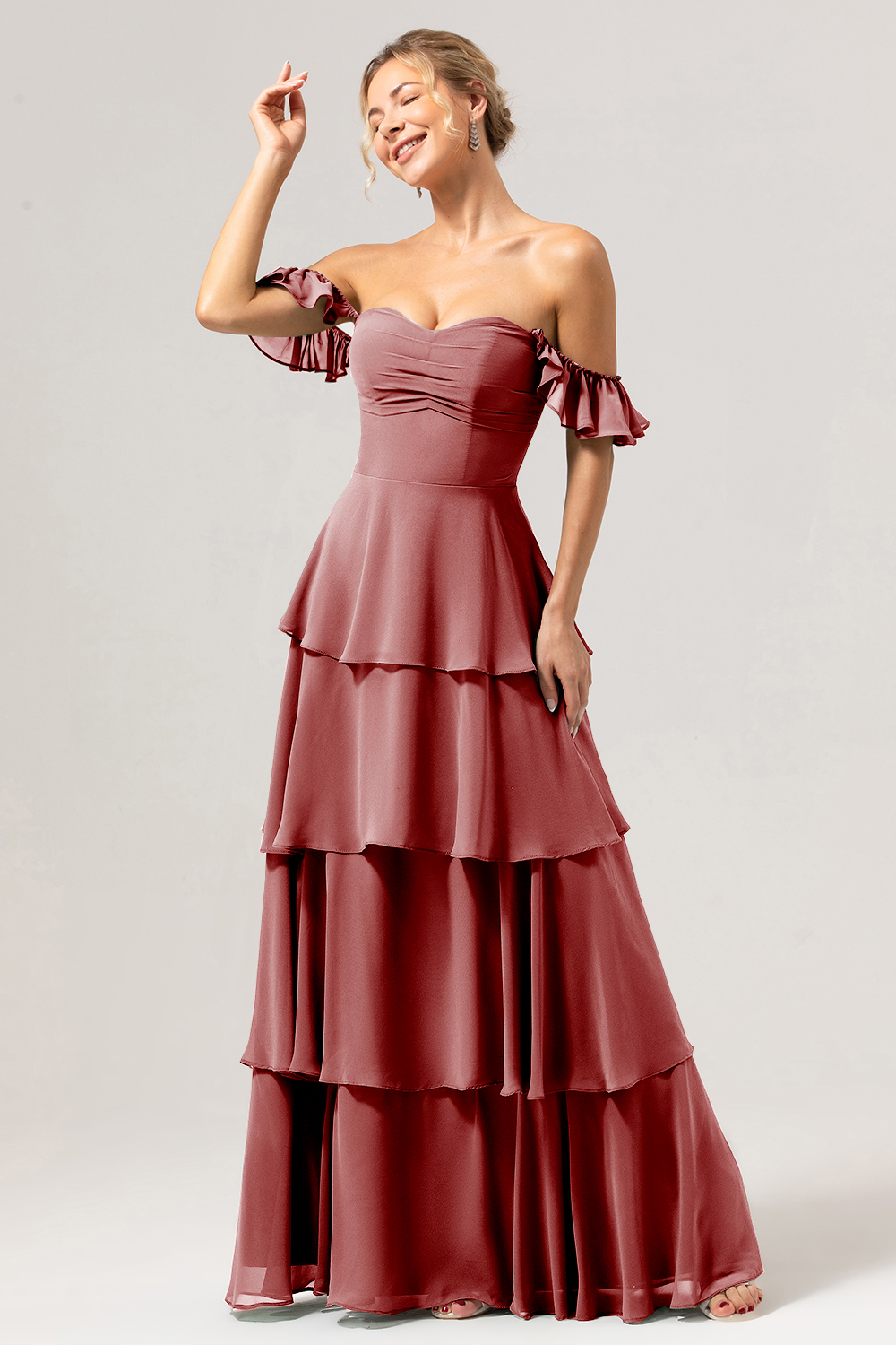 Eucalyptus Off the Shoulder Sweetheart Tiered A-Line Bridesmaid Dress