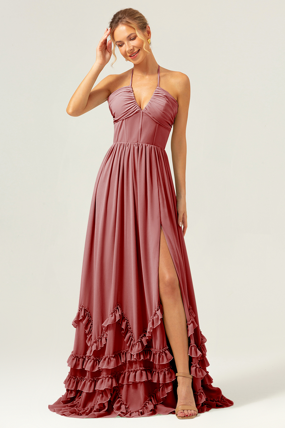 Dusty Sage Halter Corset Ruffled Chiffon Bridesmaid Dress with Slit