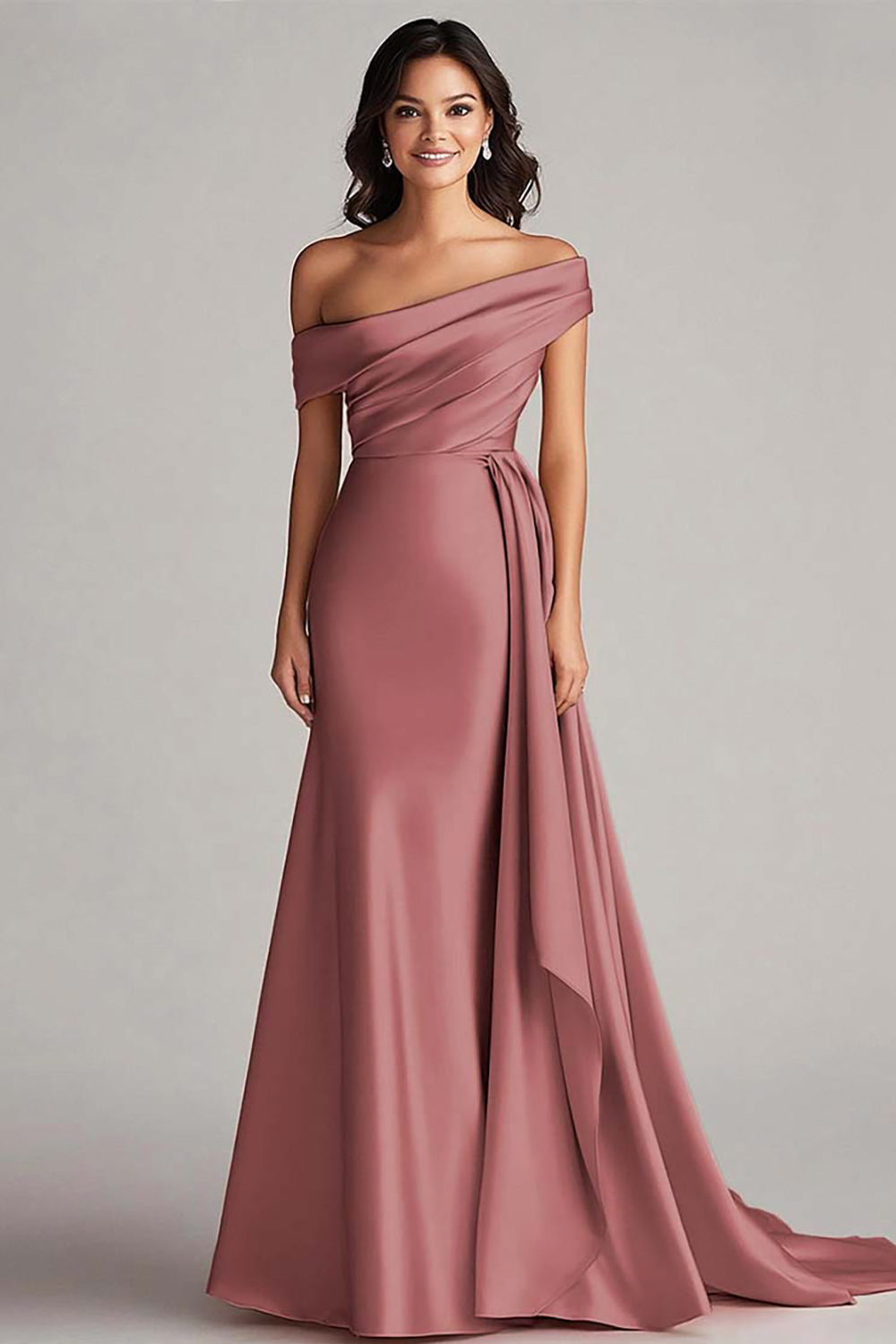 Champagne Satin Mermaid Sweep Train Formal Dress with Side Cape