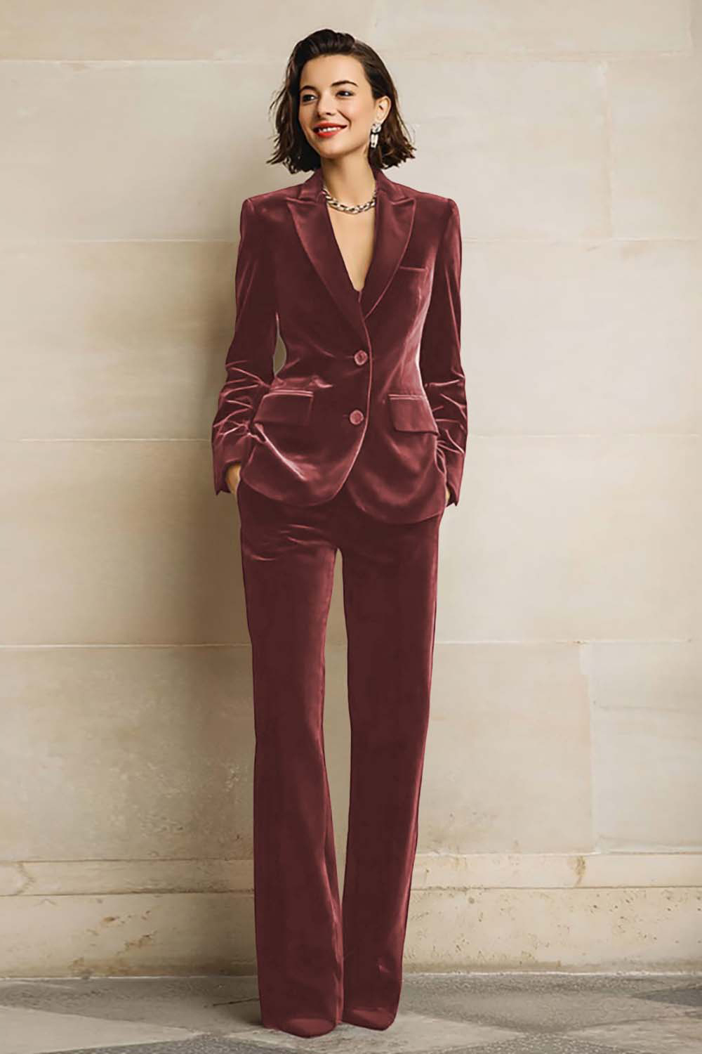Plum Peak Lapel Velvet 2 Piece Prom Suits with Pockets