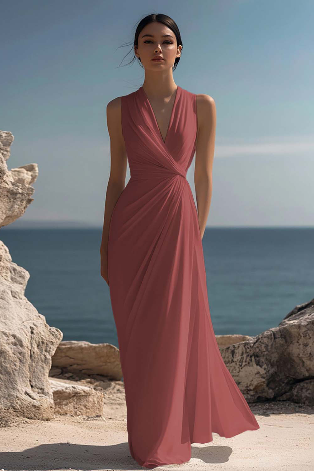 White Chiffon Sheath V-Neck Ruched Maxi Rehearsal Dinner Dress