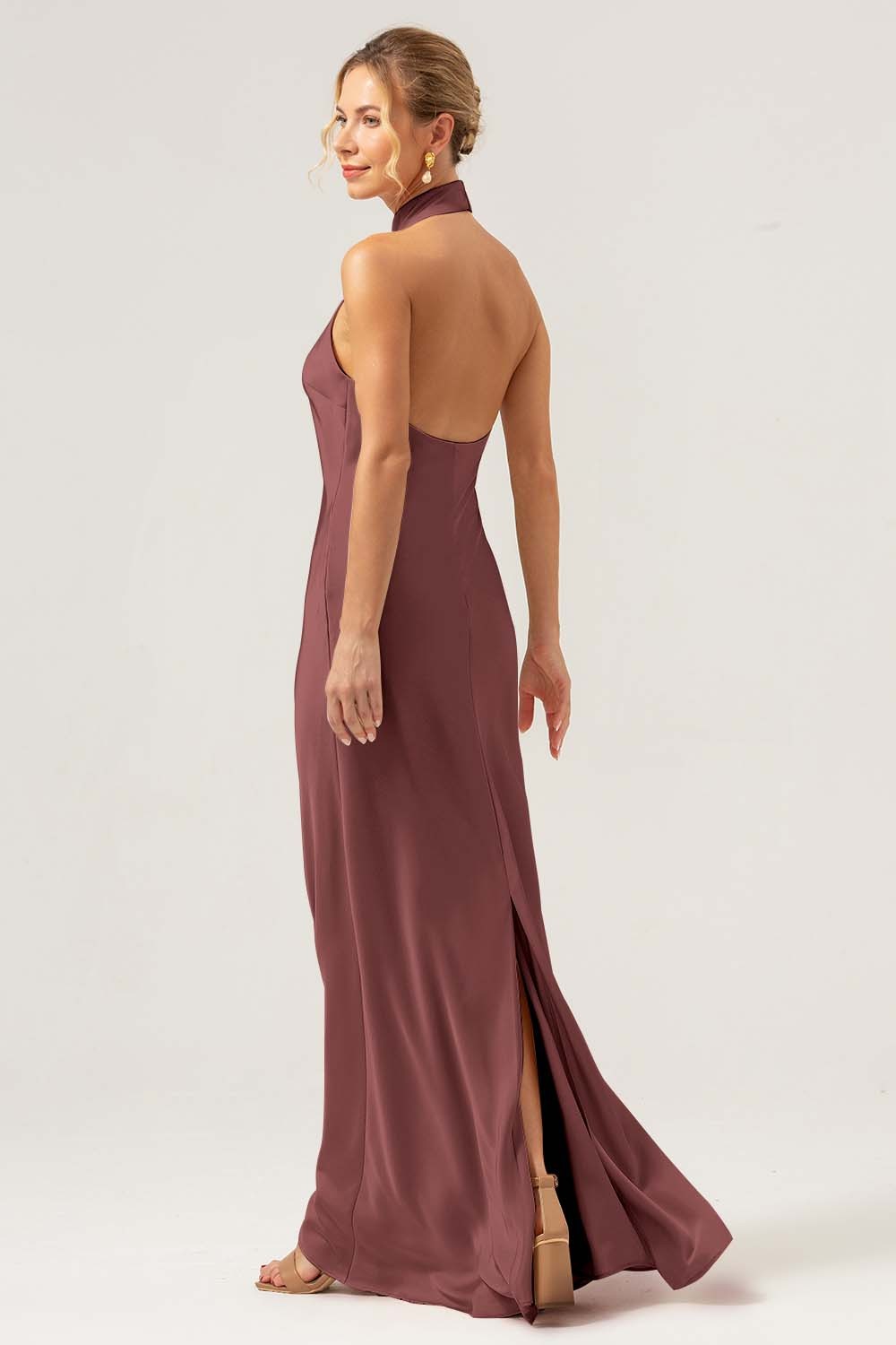Champagne Halter Mermaid Satin Wedding Guest Dress with Back Slit