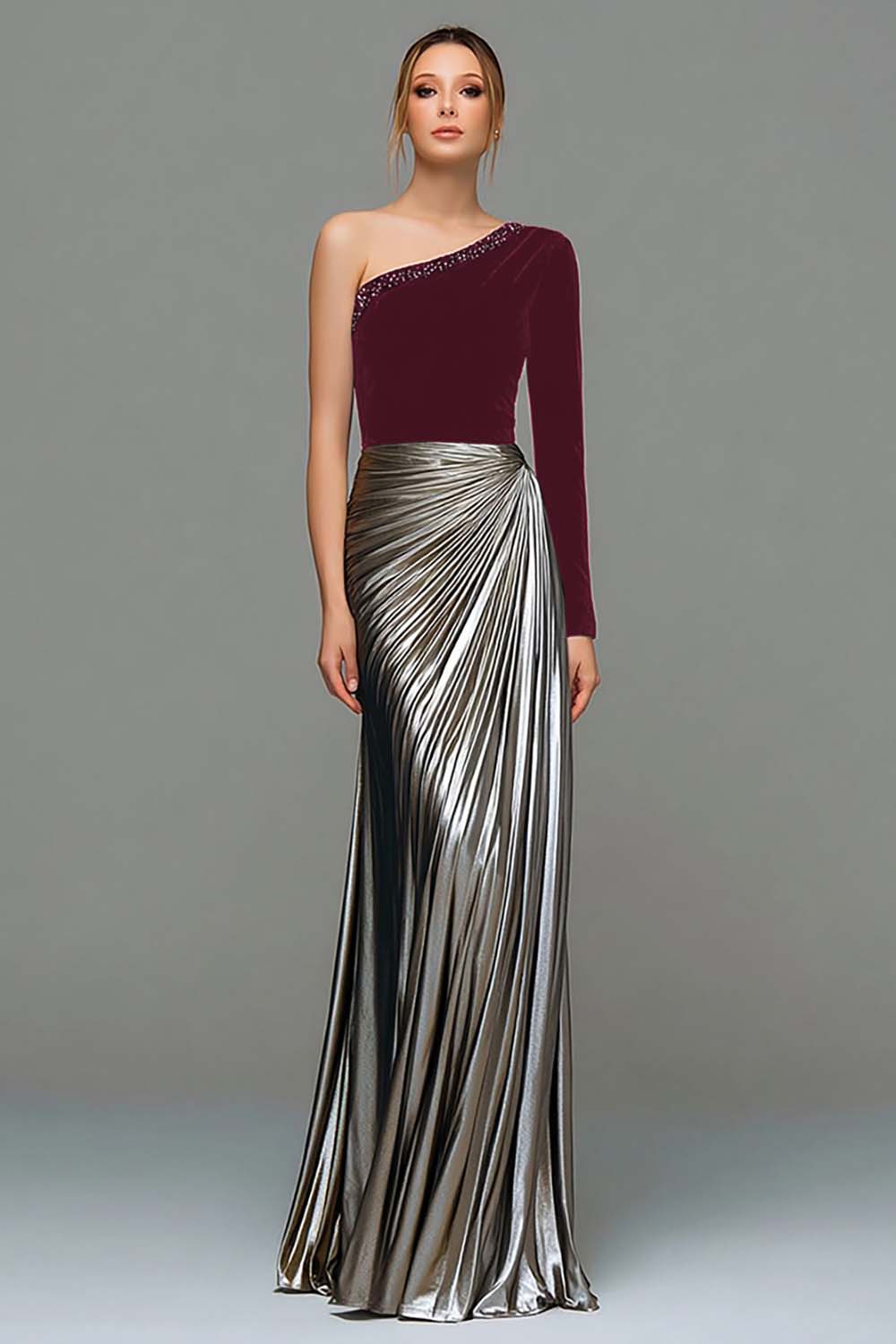 Metallic Black and Grey One Shoulder Velvet Long Holiday Party Dress