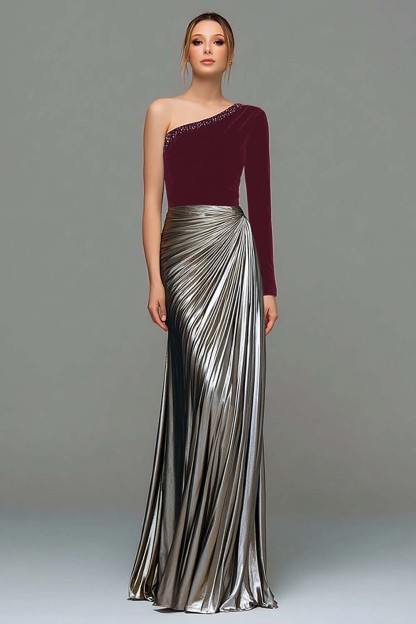 Metallic Black and Grey One Shoulder Velvet Long Holiday Party Dress