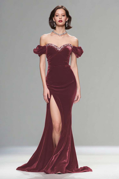 Burgundy Velvet Mermaid Long Holiday Party Dress with Beading