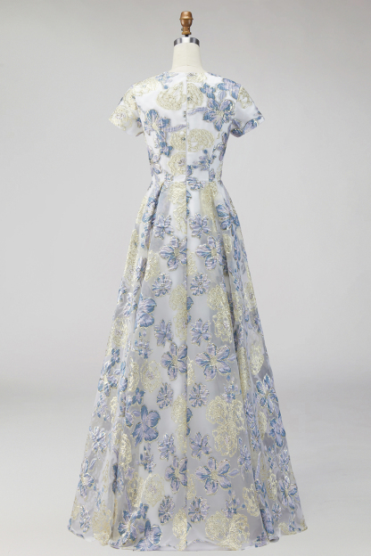 Jacquard Dusty Blue Floral A Line Long Wedding Guest Dress
