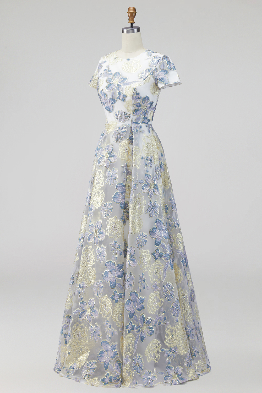 Jacquard Dusty Blue Floral A Line Long Wedding Guest Dress