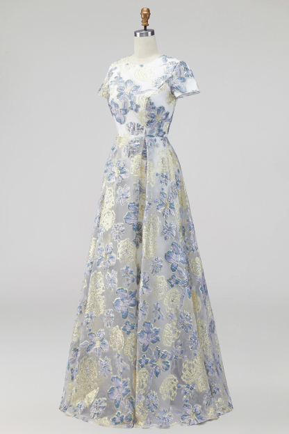 Jacquard Dusty Blue Floral A Line Long Wedding Guest Dress