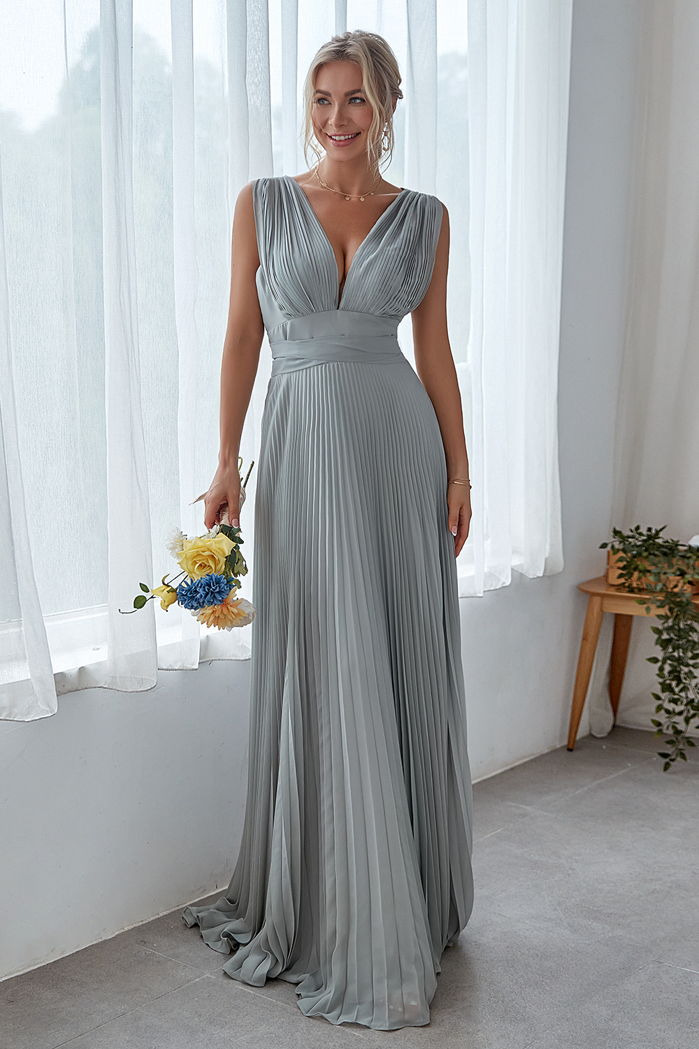 Chiffon V Back Pleated A-line Maxi Bridesmaid Dress