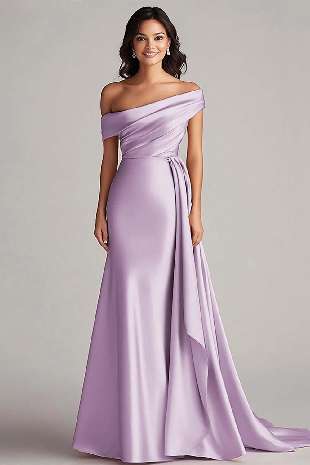Champagne Satin Mermaid Sweep Train Formal Dress with Side Cape