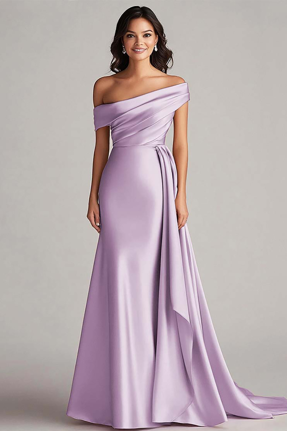 Champagne Satin Mermaid Sweep Train Formal Dress with Side Cape