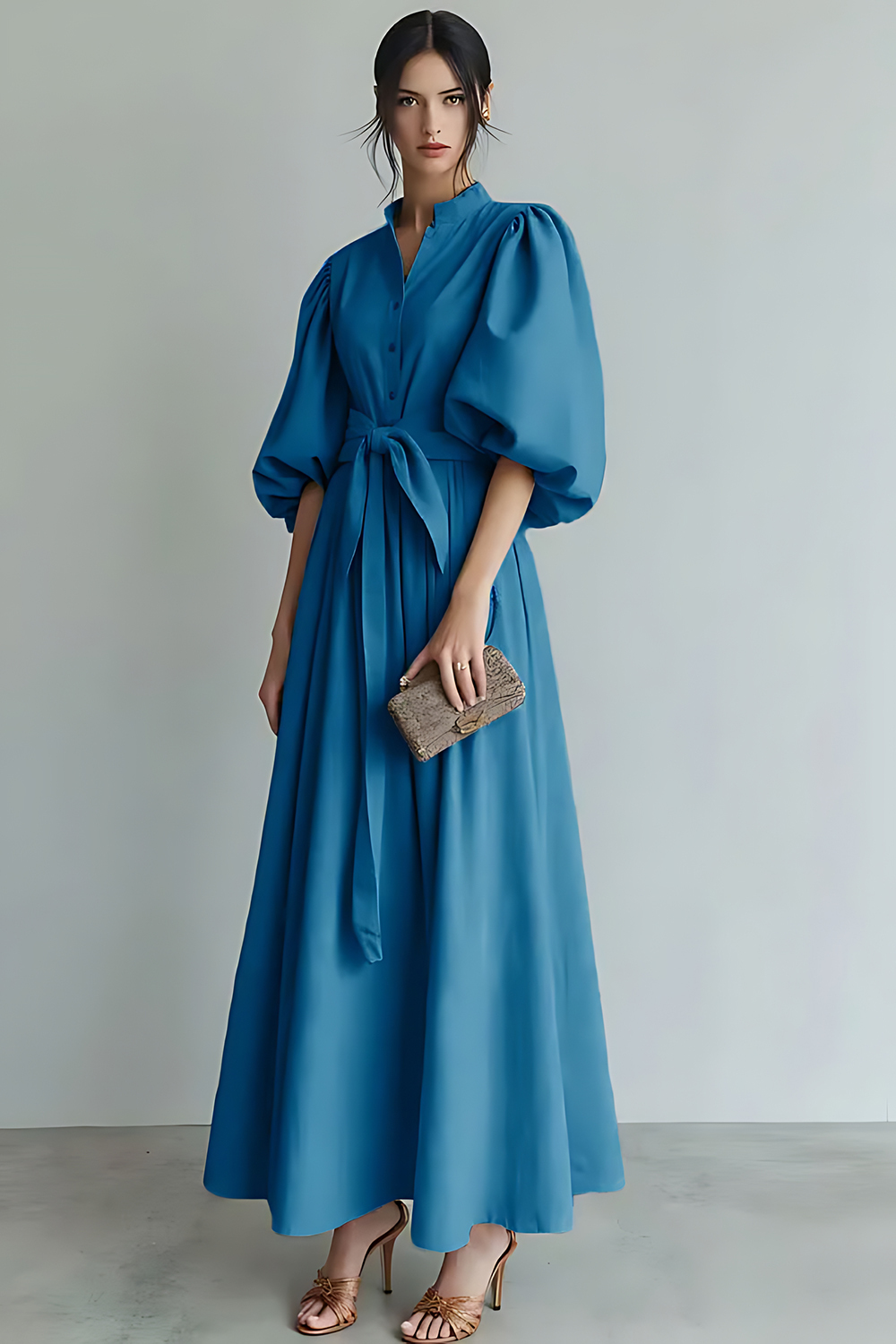 Ivory Puff Sleeves A Line Maxi Formal Dress with Sash