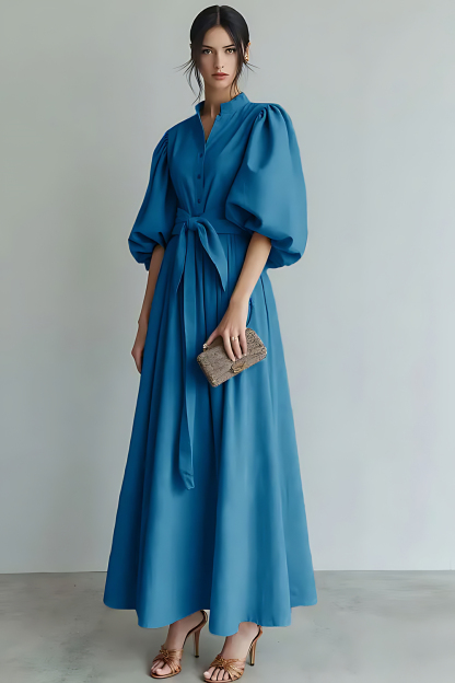 Ivory Puff Sleeves A Line Maxi Formal Dress with Sash