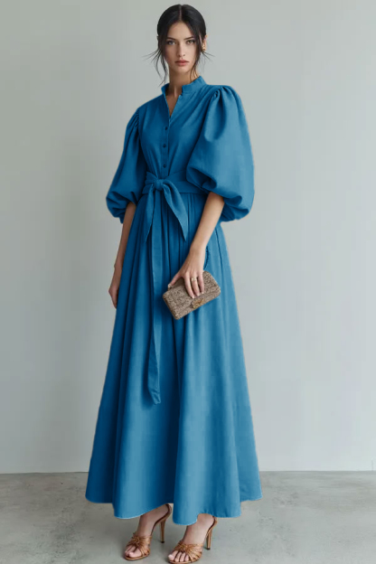 Ivory Puff Sleeves A Line Maxi Formal Dress with Sash