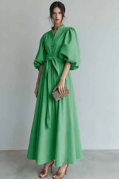 Ivory Puff Sleeves A Line Maxi Formal Dress with Sash