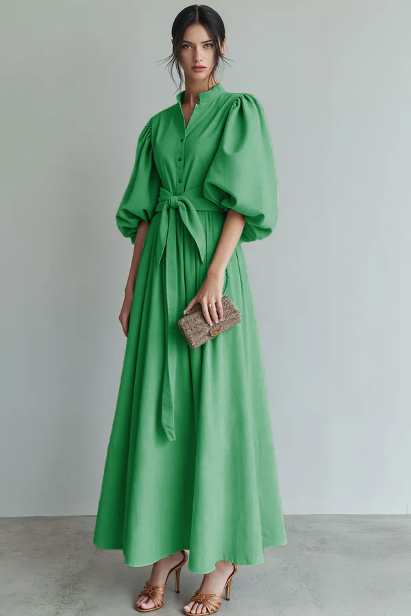 Ivory Puff Sleeves A Line Maxi Formal Dress with Sash