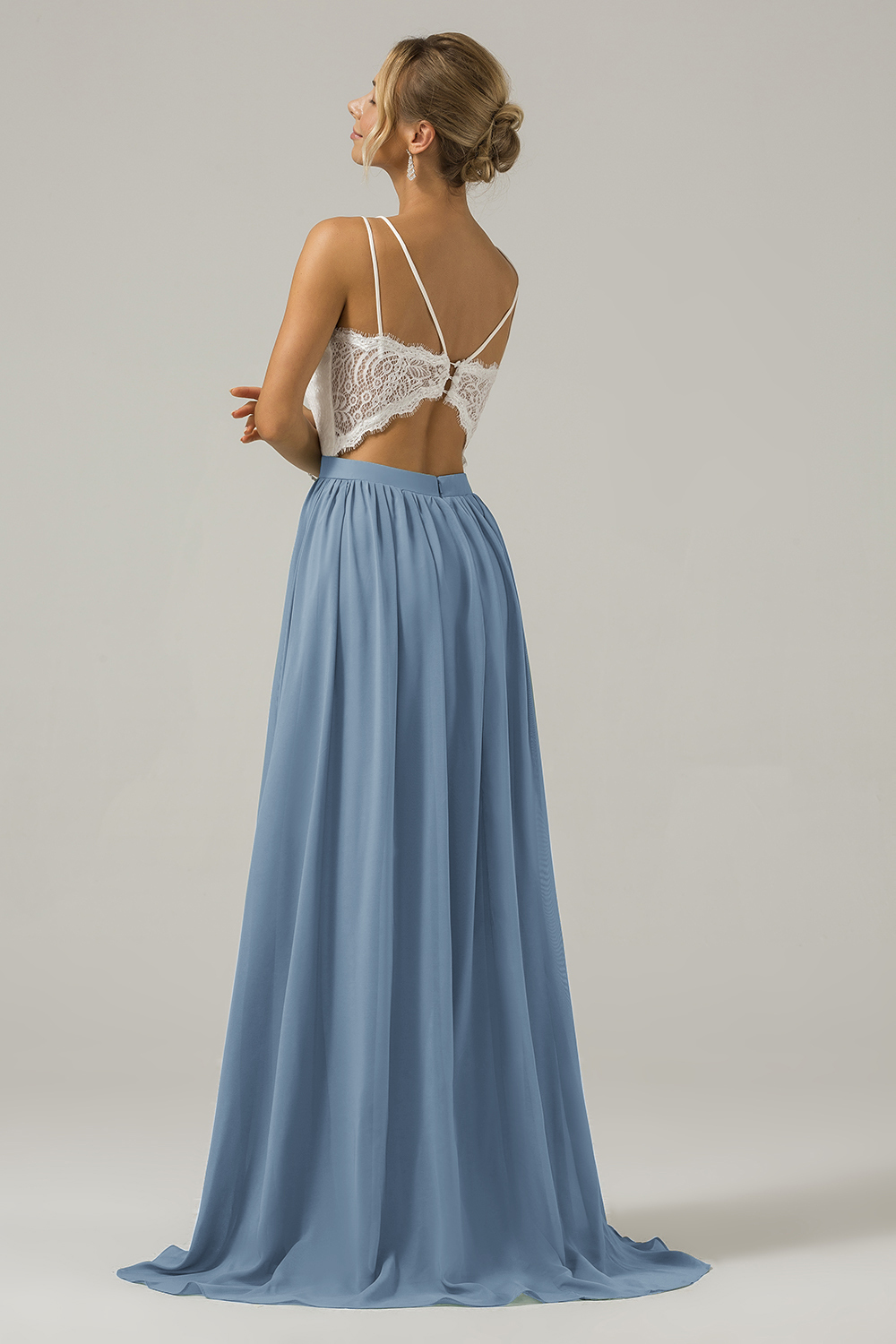 Eucalyptus A-Line Spaghetti Straps Pleated Long Bridesmaid Dress With Lace