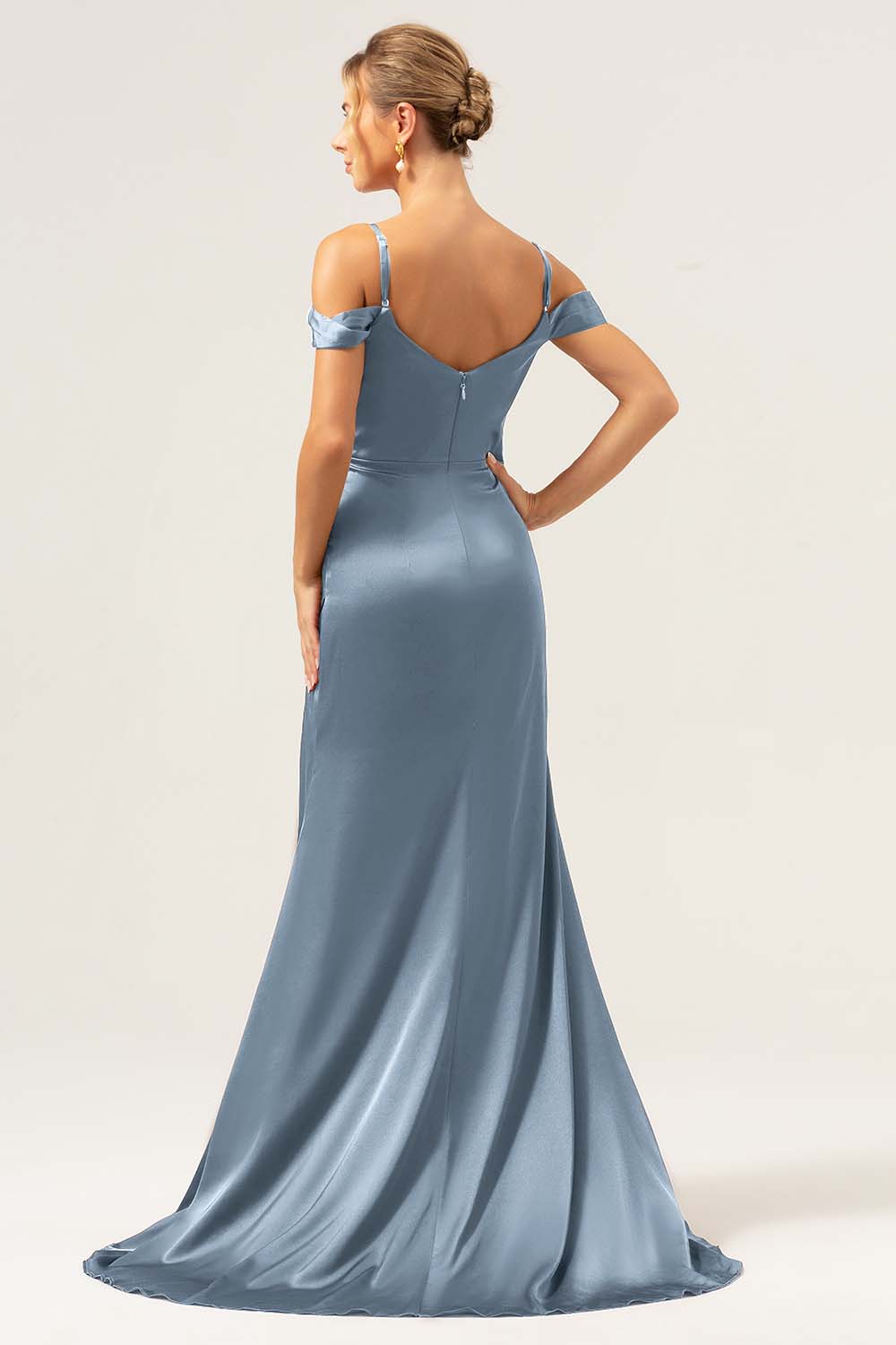 Coffee Cold Shoulder Satin Mermaid Wedding Party Dress with Slit