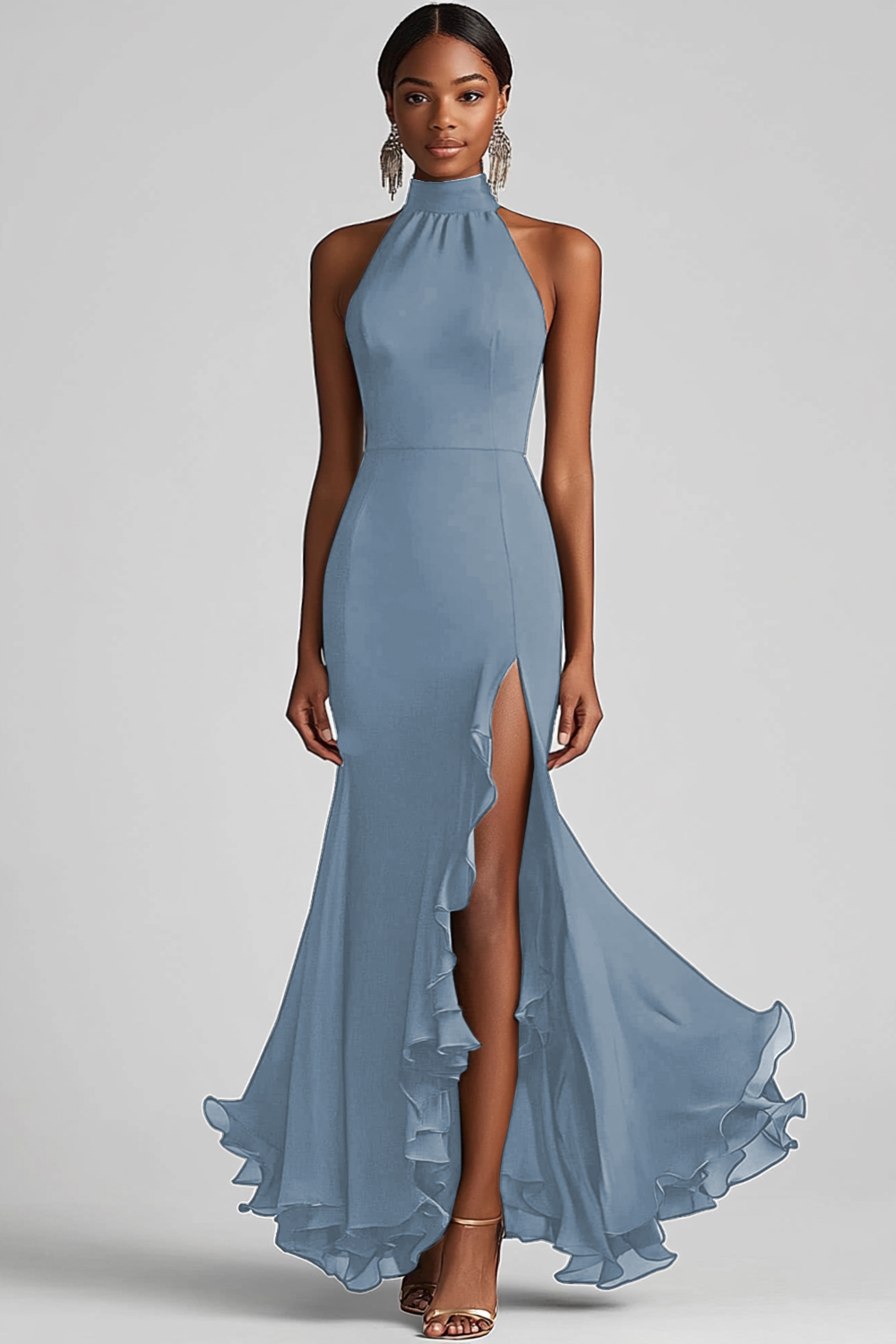 Black Halter Sheath Ruffled Formal Dress with Slit