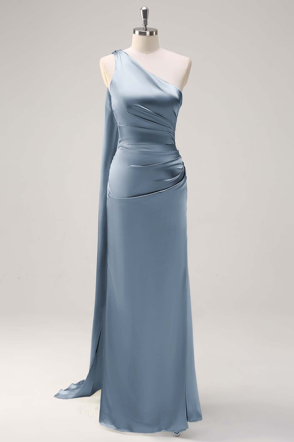 Sage One Shoulder Sheath Satin Watteau Train Bridesmaid Dress