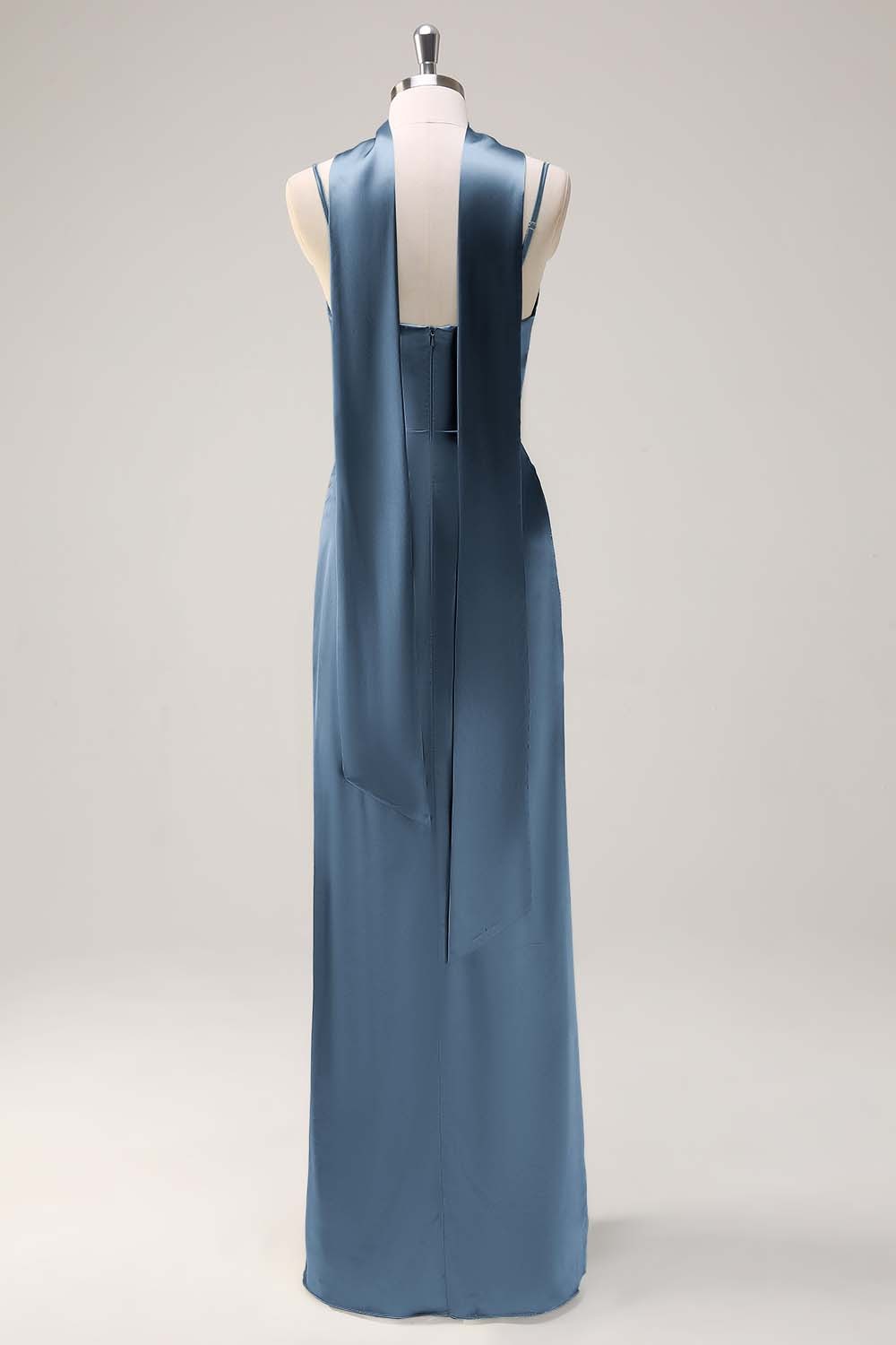 Sage Scoop Neck Sheath Satin Bridesmaid Dress with Ribbon
