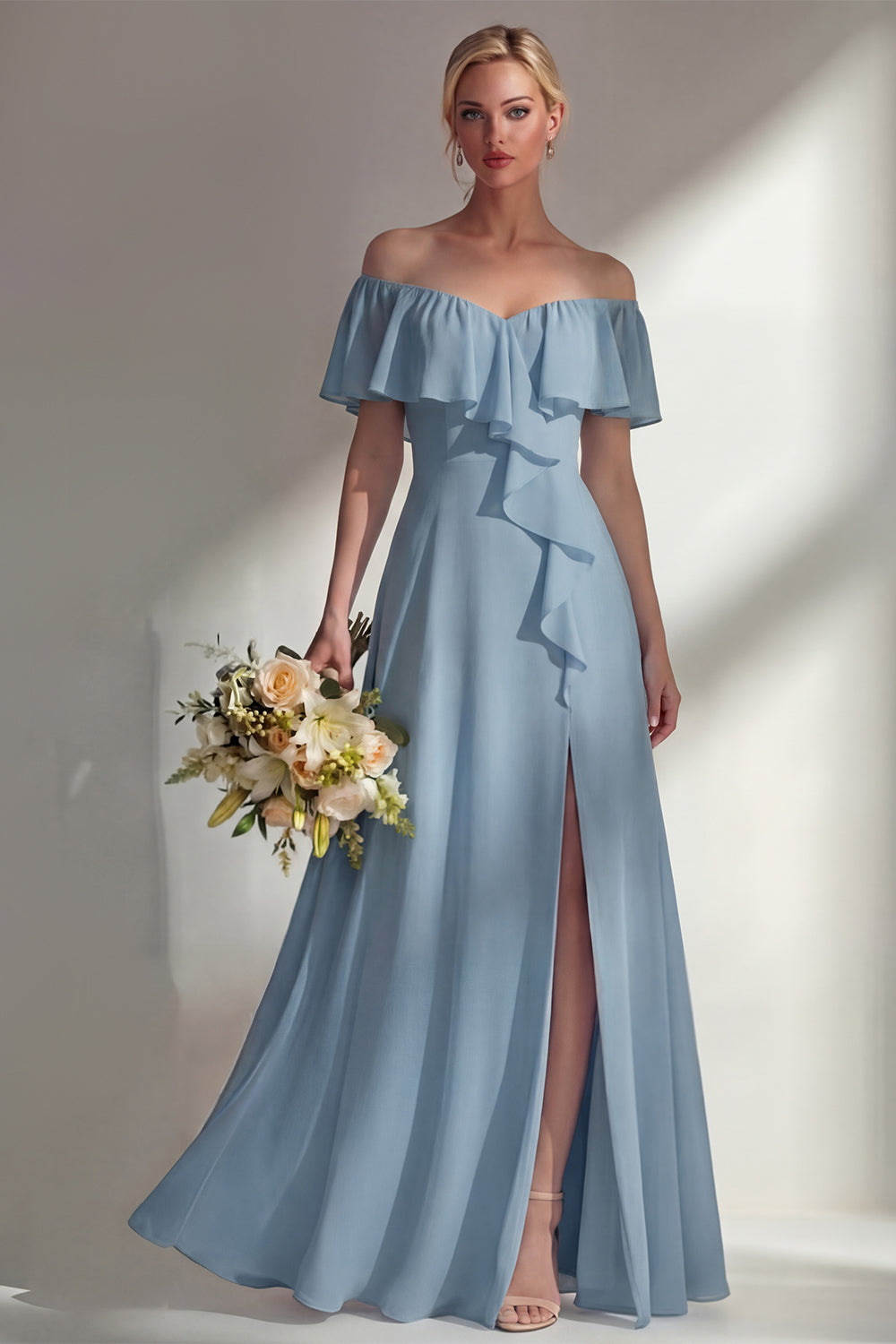 A Line Burgundy Ruffed Off the Shoulder Long Bridesmaid Dress with Slit