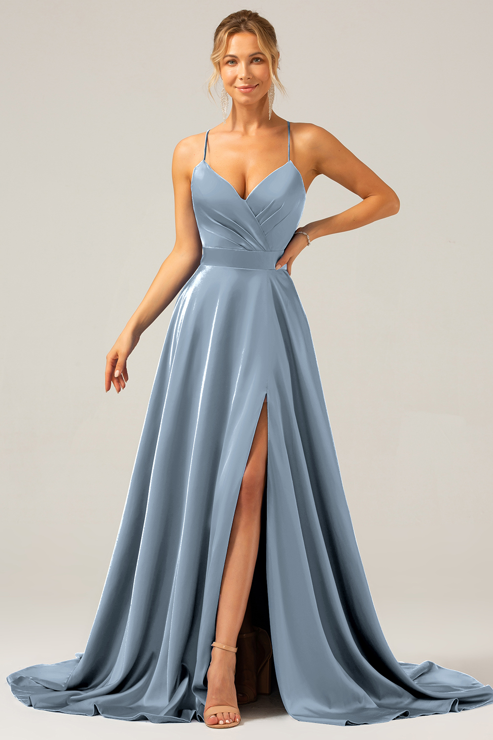 A Line Satin Royal Blue Spaghetti Straps Prom Dress with Slit