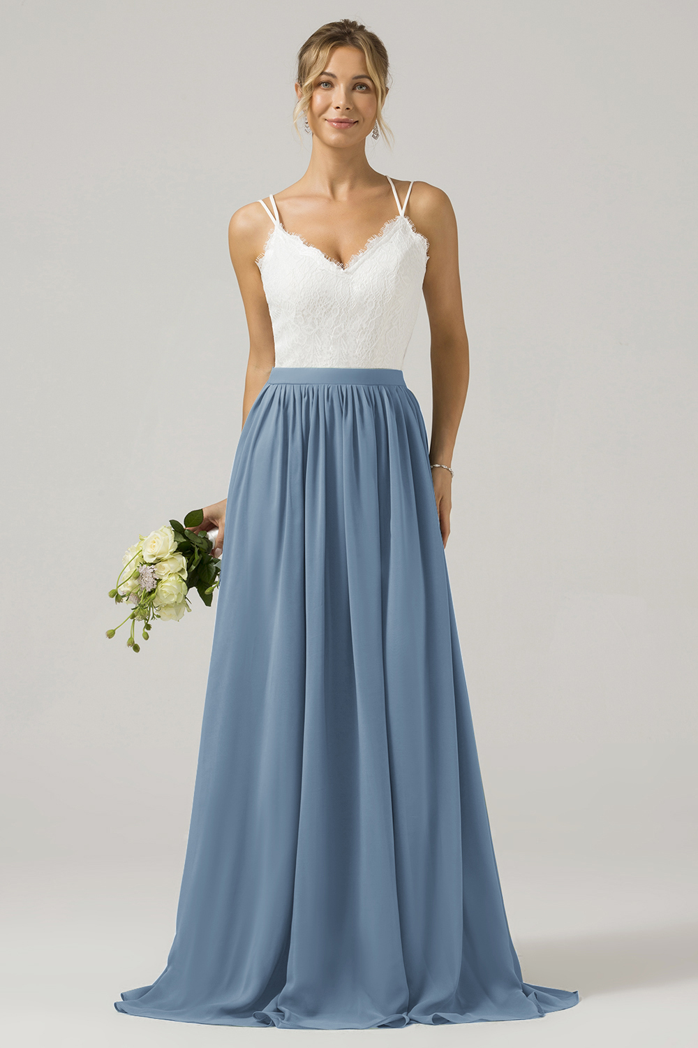 Eucalyptus A-Line Spaghetti Straps Pleated Long Bridesmaid Dress With Lace