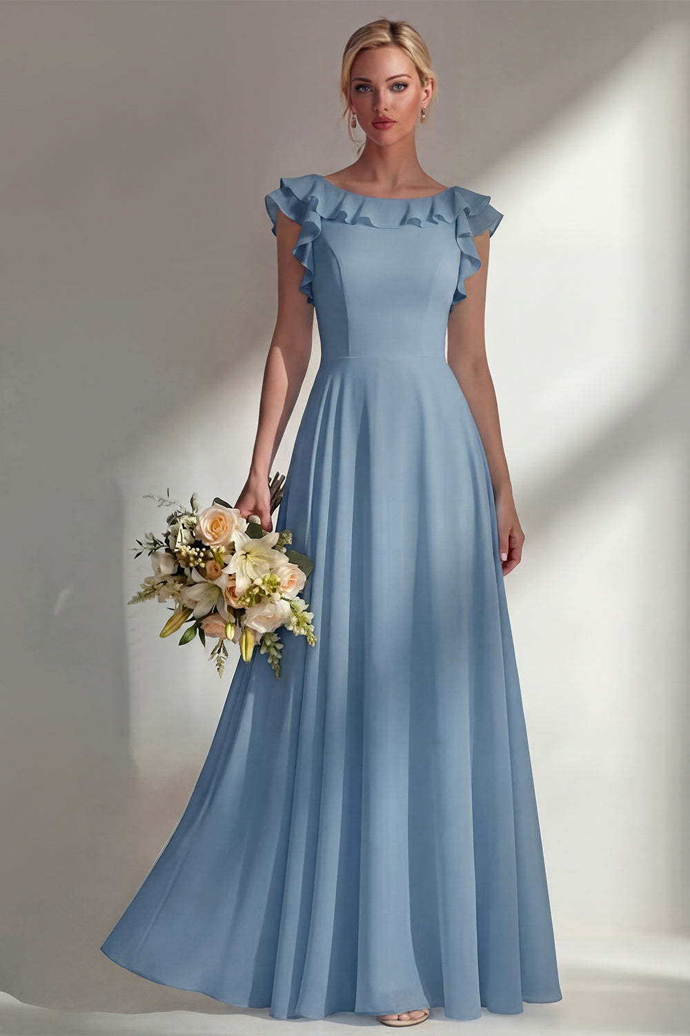 A Line Round Neck Ruffled Dusty Blue Long Bridesmaid Dress