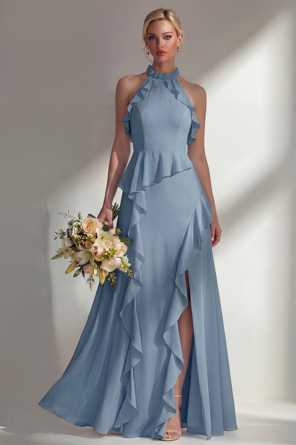 Butter Yellow Ruffled Halter Neck A Line Long Bridesmaid Dress with Slit