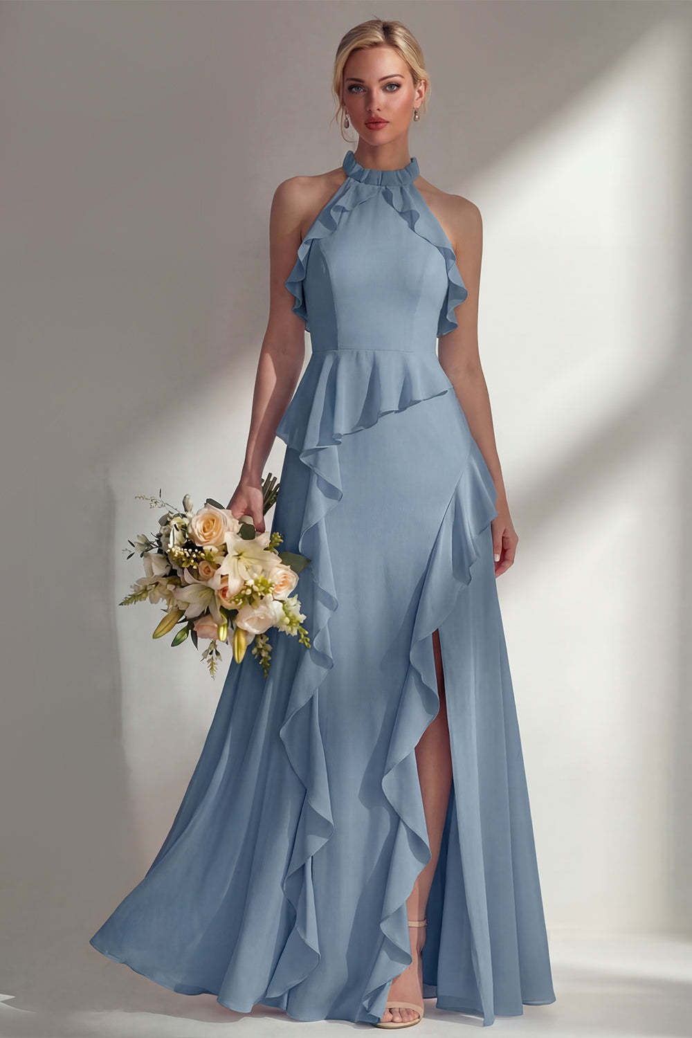 Butter Yellow Ruffled Halter Neck A Line Long Bridesmaid Dress with Slit