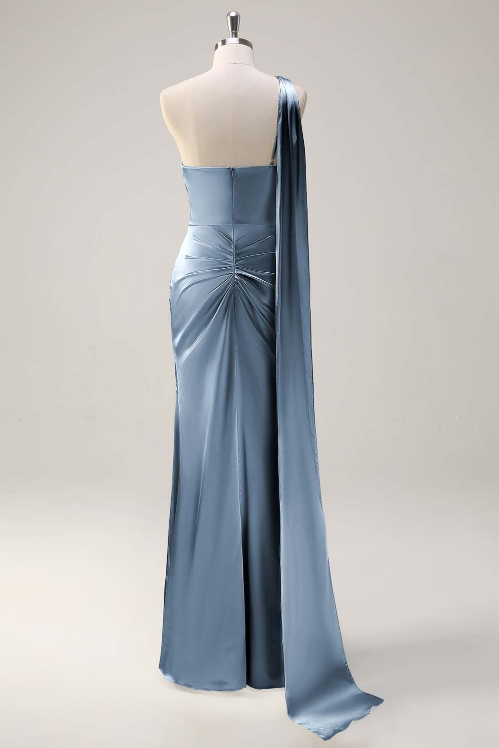 Sage One Shoulder Sheath Satin Watteau Train Bridesmaid Dress